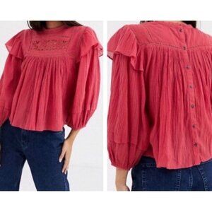 SOLD Free People Laura Prairie Peasant Top Sz Large Pink Eyelet Ruffle Ballon